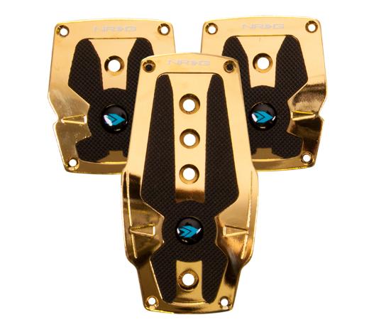 NRG Pedal Pad Cover Plates - Chrome Gold Aluminum Sport Pedal w/ Black Rubber Inserts