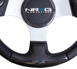 Universal (Can Work on All Vehicles) NRG Carbon Fiber Steering Wheel - 350Mm Silver Frame Black Stitching With Rubber Cover Horn Button