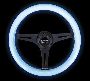 Universal (can work for all vehicles) NRG Steering Wheel - Smooth Classic White Wood Grain, Glowing Blue, Black Finish