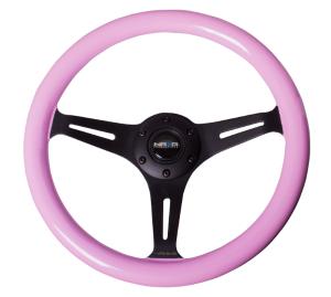 Universal (Can Work on All Vehicles) NRG Classic Wood Grain Steering Wheel - 350Mm, 3 Black Spokes, Solid Pink Painted Grip