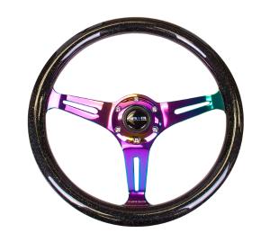 Universal (Can Work on All Vehicles) NRG Grain Wheel - Galaxy Classic Wood , 350Mm, 3 Neochrome Spokes, Black Sparkled Color