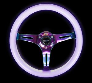 Universal (can work for all vehicles) NRG Steering Wheel - Smooth Classic White Wood Grain, Glowing Purple, NeoChrome Finish