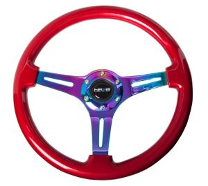 Universal (Can Work on All Vehicles) NRG Classic Wood Grain Steering Wheel - 350Mm, 3 Neochrome Spokes, Red Grip