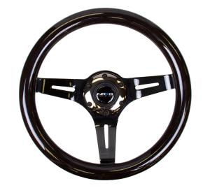Universal (Can Work on All Vehicles) NRG Classic Black Wood Grain Steering Wheel - 310Mm, 3 Spoke Center In Black Chrome