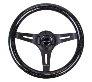 Universal (Can Work on All Vehicles) NRG Wood Grain Steering Wheel - 310Mm, Black Sparkled, 3 Spoke Center In Black