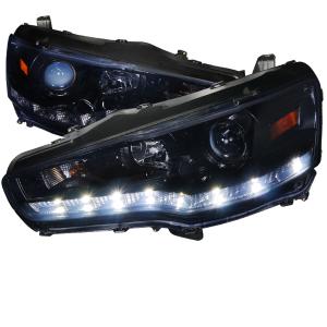 08-12 MITSUBISHI LANCER PROJECTOR HEADLIGHT GLOSSY BLACK HOUSING WITH SMOKED LENS R8 STYLE Spec D R8 Style Projector Headlights (Glossed Black/Smoke)