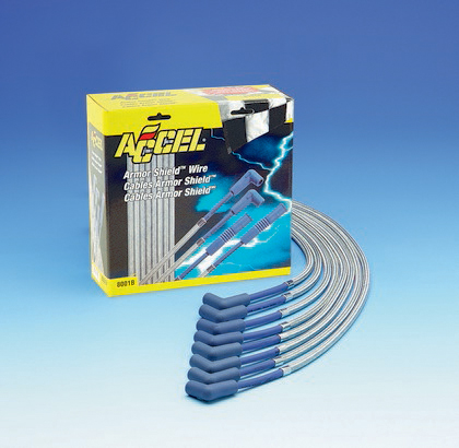 Accel Custom Fixed Length Fit Armor Shield Spark Plug Wire Set - Blue 8mm With Wires Routed Over Valve Cover