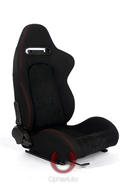 Cipher Racing Seats - Black Cloth with Suede Insert and Outer Red Stitching