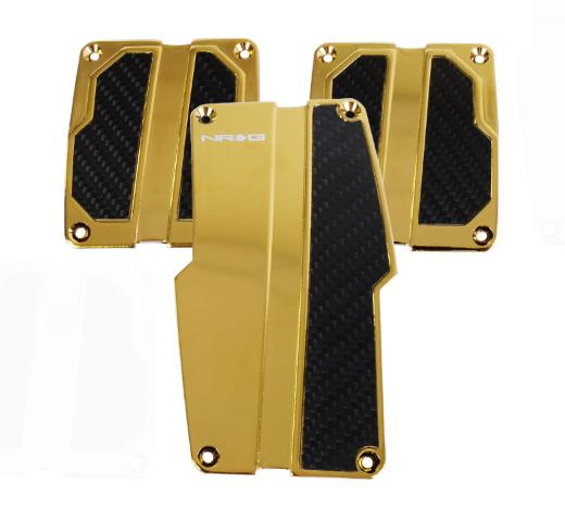 NRG Pedal Pad Cover Plates - Brushed Aluminum Sport Pedal Gold Chrome w/ Black Carbon