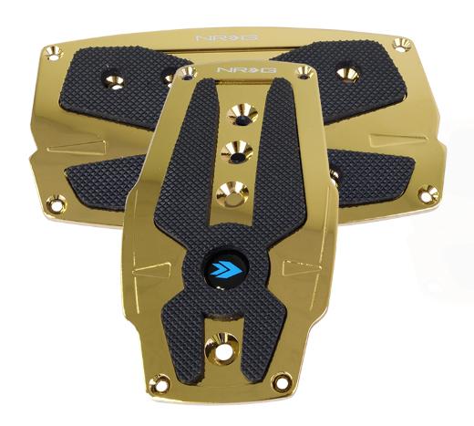 NRG Pedal Pad Cover Plates - Chrome Gold Aluminum Sport Pedal w/ Black Rubber Inserts