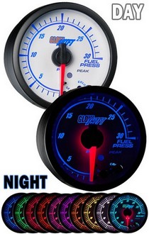 All Cars (Universal), All Jeeps (Universal), All Muscle Cars (Universal), All SUVs (Universal), All Trucks (Universal), All Vans (Universal) Glowshift White Elite 10 Color Fuel Pressure Gauge - High and Low Warning (0 to 30 PSI)