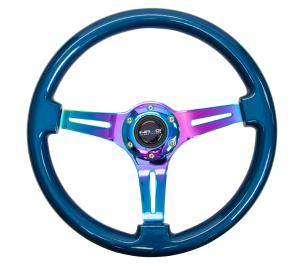 Universal (Can Work on All Vehicles) NRG Classic Wood Grain Steering Wheel - 350Mm, 3 Neochrome Spokes, Blue Pearl/Flake Paint