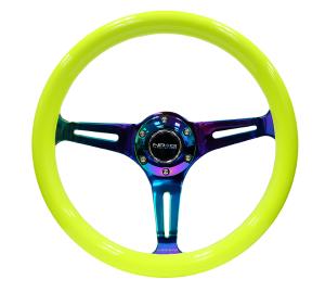Universal (can work for all vehicles) NRG Steering Wheel - Smooth Classic Neon Yellow Wood Grain, NeoChrome Finish