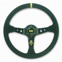 Universal OMP Corsica Steering Wheel- Black Suede Leather with Black Anodized Spokes & Yellow Stitching