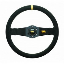 Universal OMP Rally Steering Wheel- Black Suede Leather with Black Anodized Spokes & Yellow Stitching