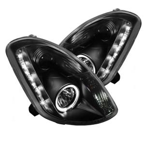 03-04 Infiniti G35 (4Dr) Spyder (Non HID) LED DRL (Daytime Running Lights) Halo Projector Headlights - Black