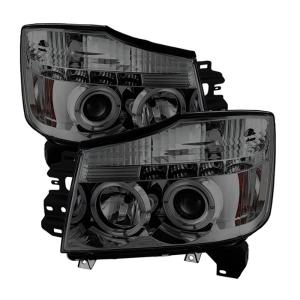 04-07 Nissan Armada, 04-15 Nissan Titan Spyder Halo LED Projector Headlights - Smoke