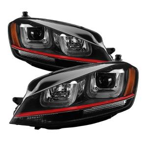 14-16 Volkswagen Golf Spyder Projector Headlights - Black, DRL LED, Red Stripe