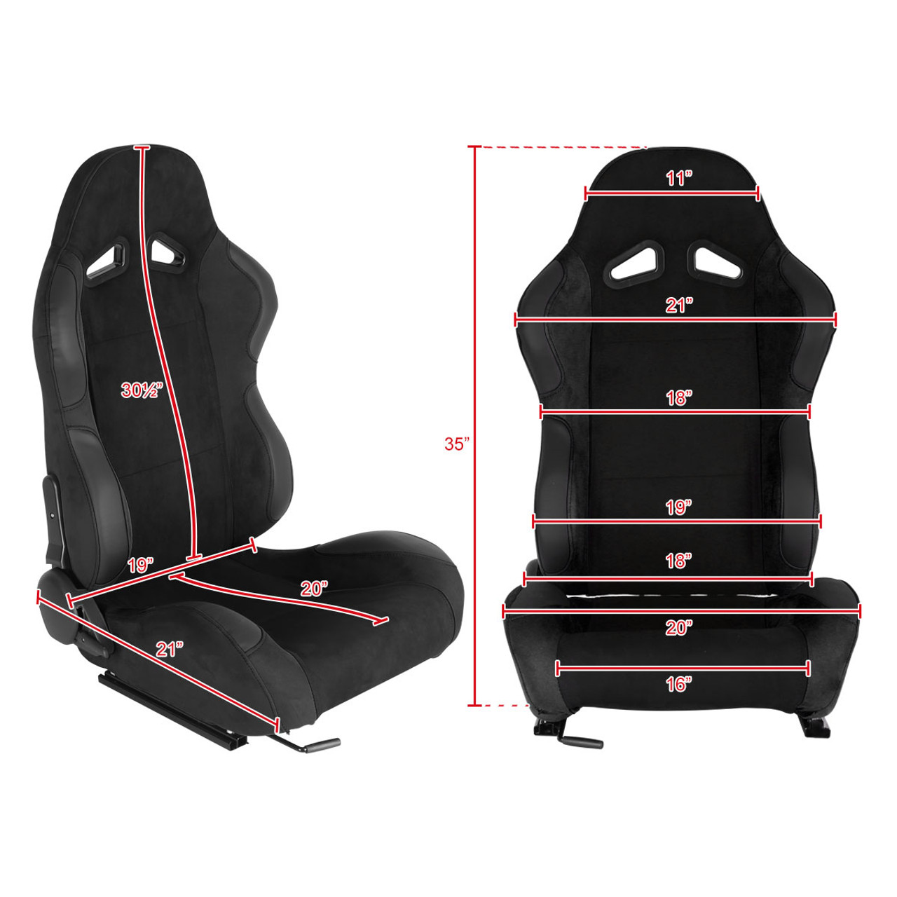 Fully Reclinable Black Suede Stitch Bucket Racing Seat w/ Sliders - Passenger Side Only