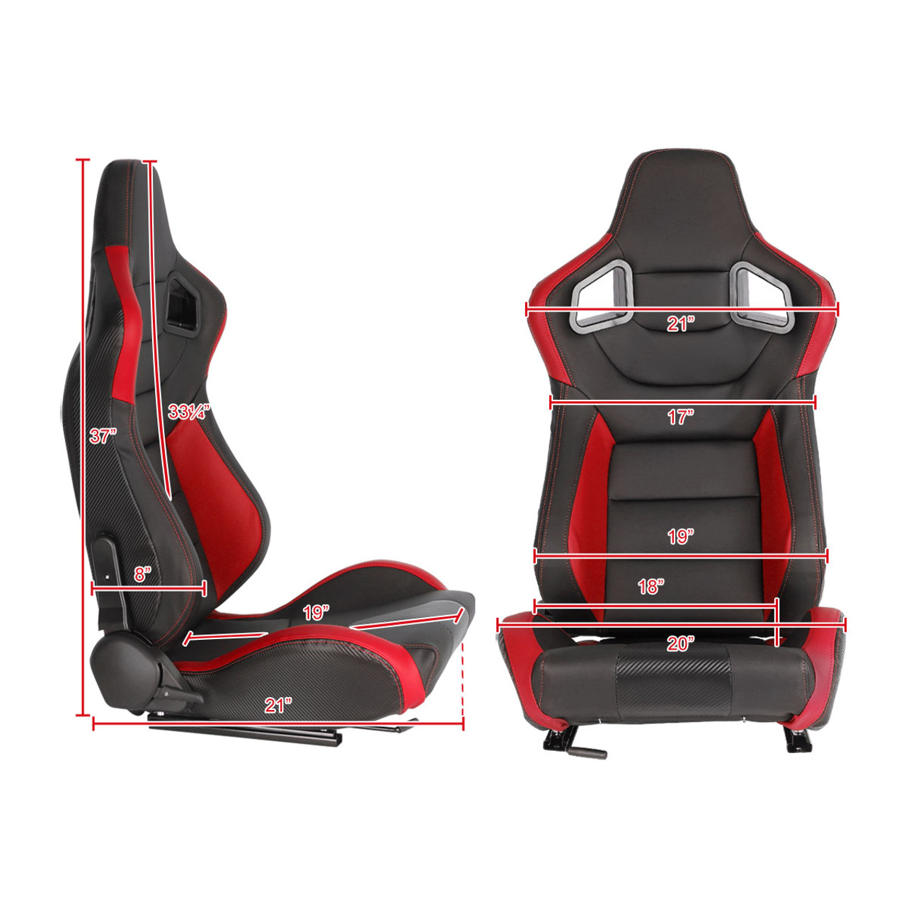 Fully Reclinable Black & Red PVC Leather Carbon Fiber Style Bucket Racing Seat w/ Sliders - Driver Side Only