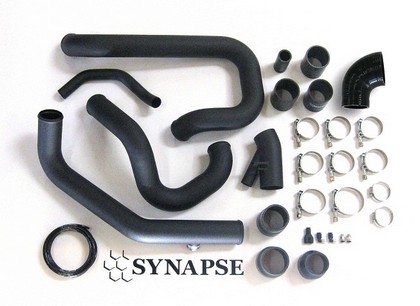 Synapse Intercooler Piping Kit with Silver/Black Synchronic BOV for OEM Battery (Powder Coated Black)